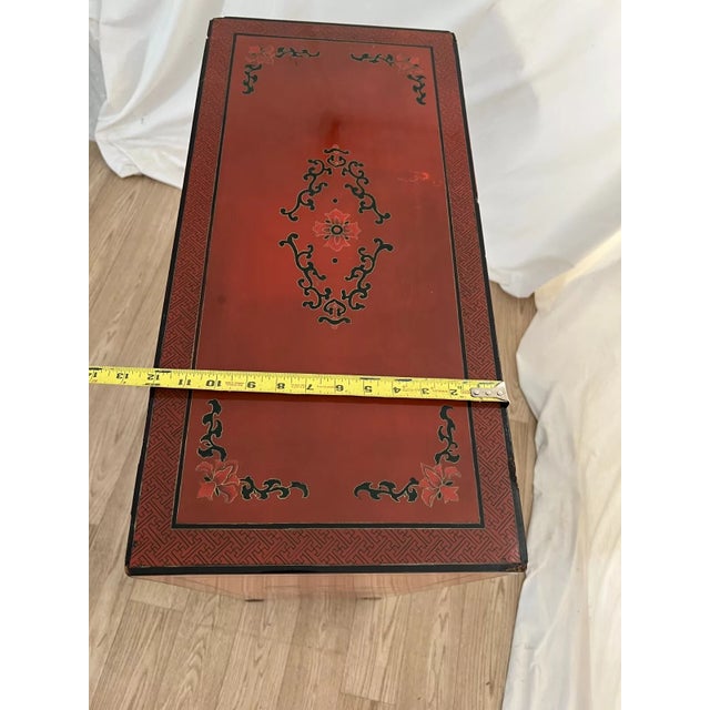 1950s Mid Century Chinese Console Cabinet Double Doors Interior Shelf Hand Painted For Sale - Image 10 of 11