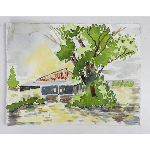 Small late 20th century watercolor on paper painting of old barn and farm landscape. Unsigned. Unframed.