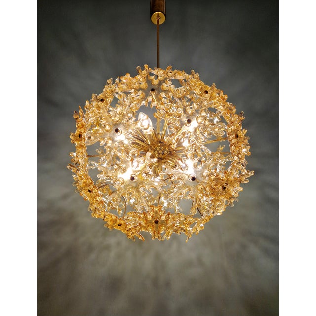Large spherical sputnik chandelier (55 cm diameter) in brass and amber/iridescent murano glass, snowflake model, mid-...