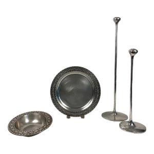 Pair of Contemporary Candlesticks With Decorative Bowl and Plate
