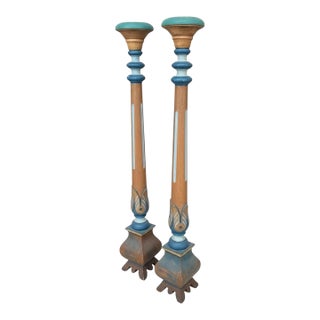 Italian Mid-Century Neo-Classical Polychrome Wood Pricket Candlesticks Candle Stands - Pair For Sale