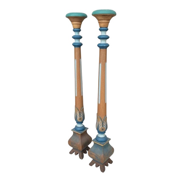 Italian Mid-Century Neo-Classical Polychrome Wood Pricket Candlesticks Candle Stands - Pair For Sale
