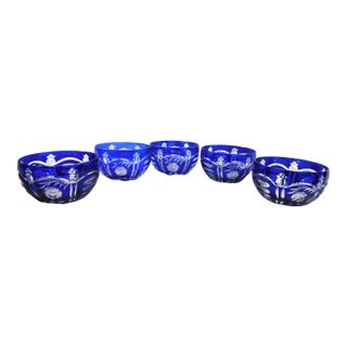 1980s Set of Five Blue Cut to Clear Serving Bowls For Sale