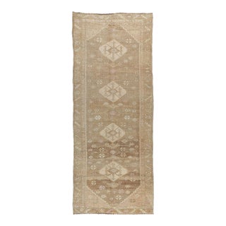 Vintage Oushak Runner – Muted Anatolian Wool With Diamond Medallions in Beige, Tan, and Soft Brown -4' 3'' X 12' 2'' For Sale