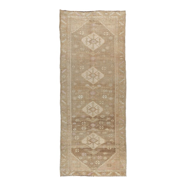 Vintage Oushak Runner – Muted Anatolian Wool With Diamond Medallions in Beige, Tan, and Soft Brown -4' 3'' X 12' 2'' For Sale