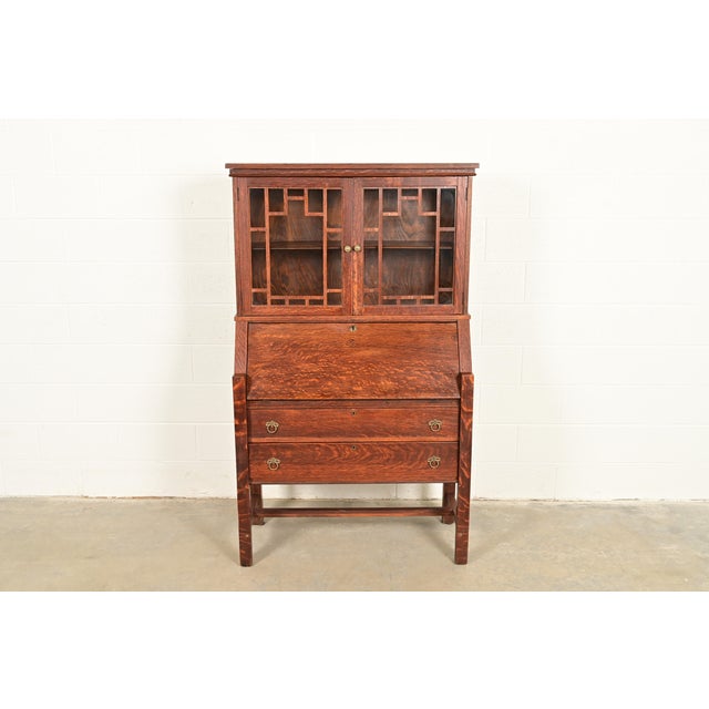 Mission Stickley Brothers Style Antique Mission Oak Arts & Crafts Secretary Desk With Bookcase Hutch, Circa 1910 For Sale - Image 3 of 14