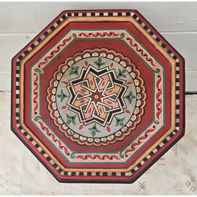 Moroccan Hexagonal Hand Painted Wooden Side Table / Red Zouak For Sale - Image 4 of 6