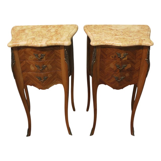 French Marquetry and Marble Bombe Shaped Bedside Tables, Set of 2 For Sale