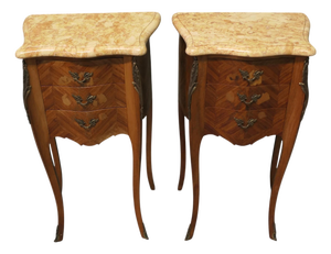 French Marquetry and Marble Bombe Shaped Bedside Tables, Set of 2