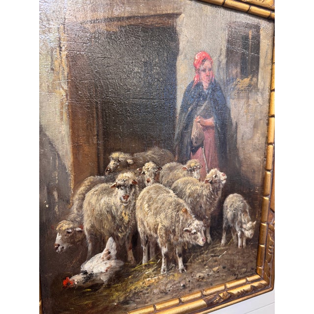 Slate Gray 19th Century Oil on Canvas "Shepherdess With Flock" For Sale - Image 8 of 9