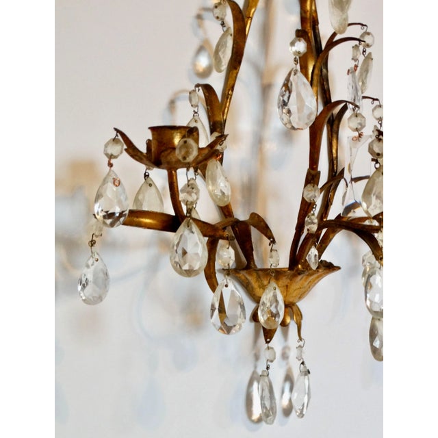Mid 20th Century Italian Tole Gold Triple Arm Candle Wall Sconce With Crystals For Sale - Image 5 of 12