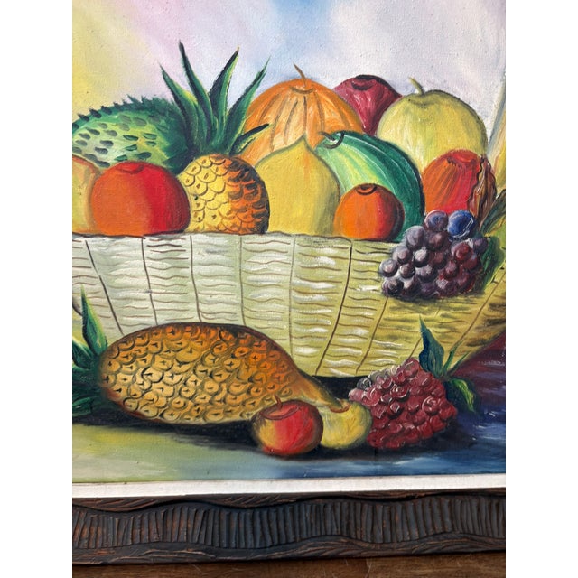 Vintage Original & Signed Tropical Fruit Still Life Oil Painting in Hand Carved Wood Frame For Sale - Image 10 of 14