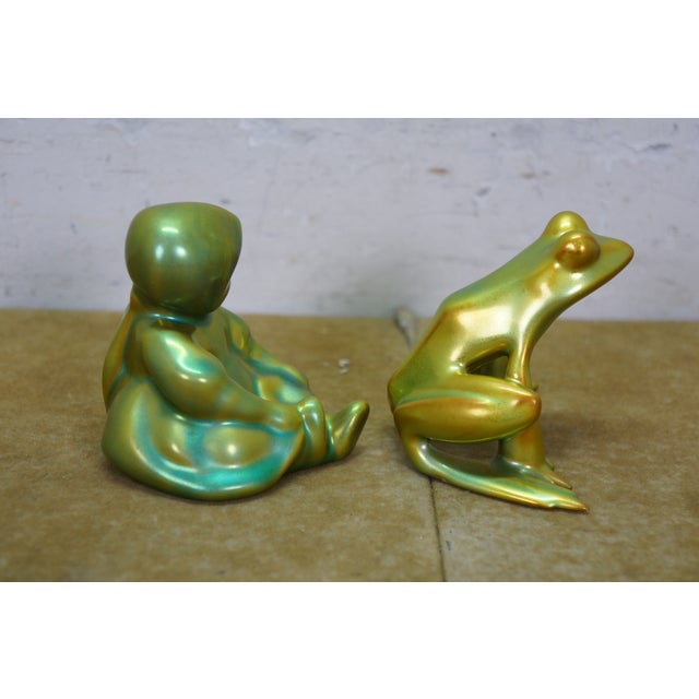 Zsolnay Late 20th Century Zsolnay Eosin Hungarian Iridescent Green Art Deco Frog & Girl Figurines 3" For Sale - Image 4 of 13