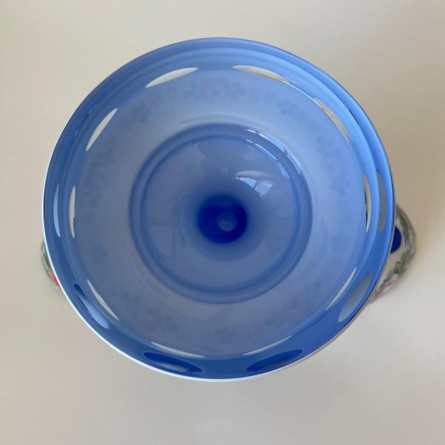Vintage Moser Glass Oval Bowl: Cut-to-Clear, White With Blue Overlay, Hand Painted Florals For Sale - Image 13 of 16
