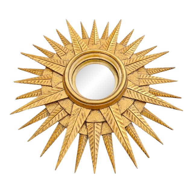 Vintage Giltwood Sunburst Concave Mirror For Sale