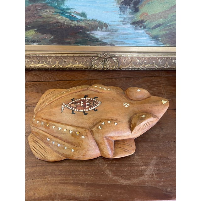 Tribal 1970s Hand-Carved Wooden Frog Wall Plaque With Inlay and Tribal Motif Design For Sale - Image 3 of 11