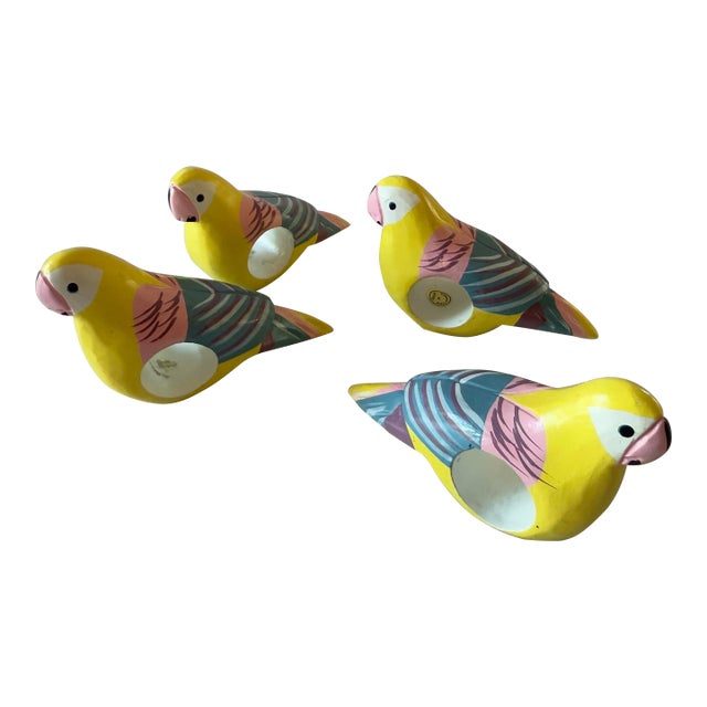 Set of 4 Vintage Hand Painted Wood Parrot Napkin Rings For Sale