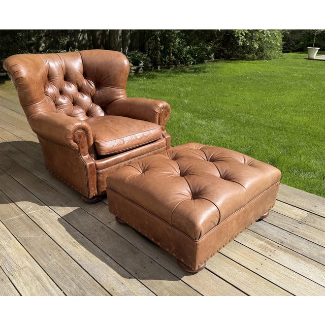 Tufted Writers Chair and Ottoman Set in Saddle Toned Leather by Ralph Lauren Classic Leather Tufted Chair and Ottoman by...