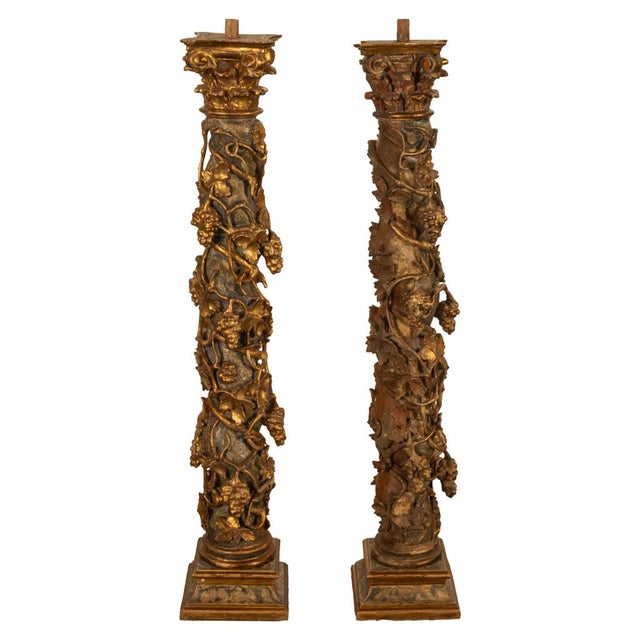 Gold Antique Pair 17th Century Baroque Carved & Gilded Solomonic Columns Italy 1680 For Sale - Image 8 of 17