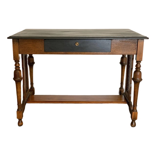 Antique Ebonized Oak Library Table Desk With Drawer For Sale