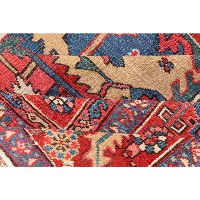 Antique Persian Heriz Serapi Rug With Blue Field Geometric Medallion Design For Sale - Image 16 of 17