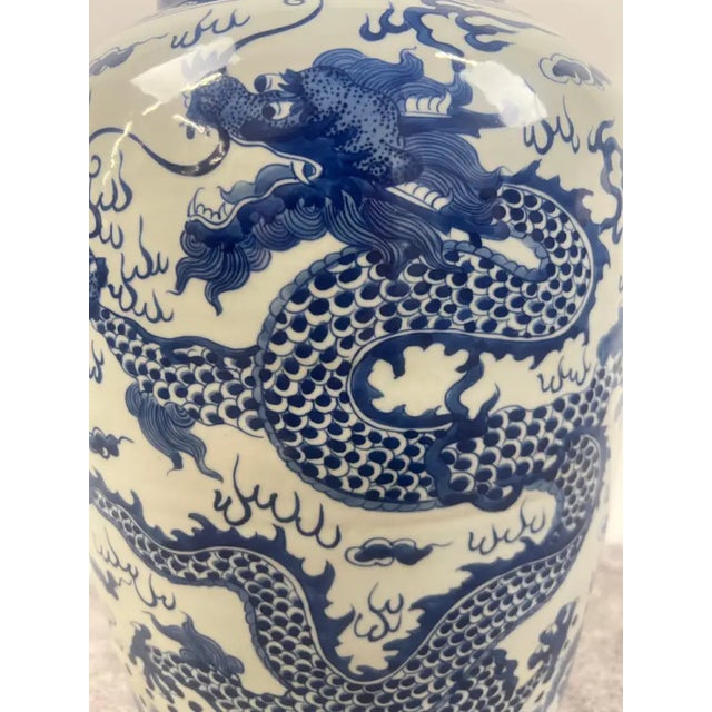 1980s Imperial Chinese Qing Dynasty Style Blue & White Dragon Porcelain Vase For Sale - Image 5 of 10