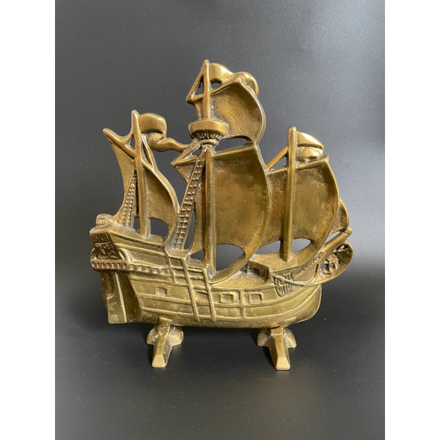 Vintage Solid Brass Colonial Ship Sailing Boat Doorstop For Sale - Image 13 of 13