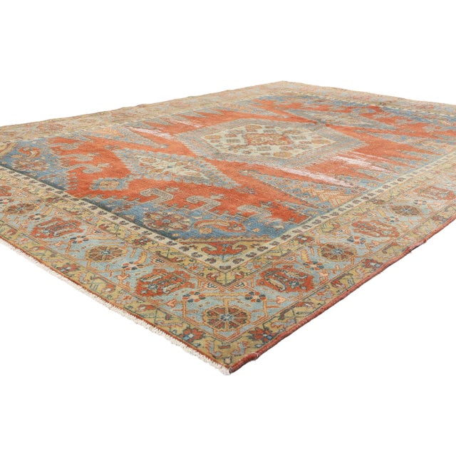 60880 Distressed Antique Persian Viss Rug with Relaxed Federal Style 08'03 x 11'08. Emanating sophistication and nomadic...