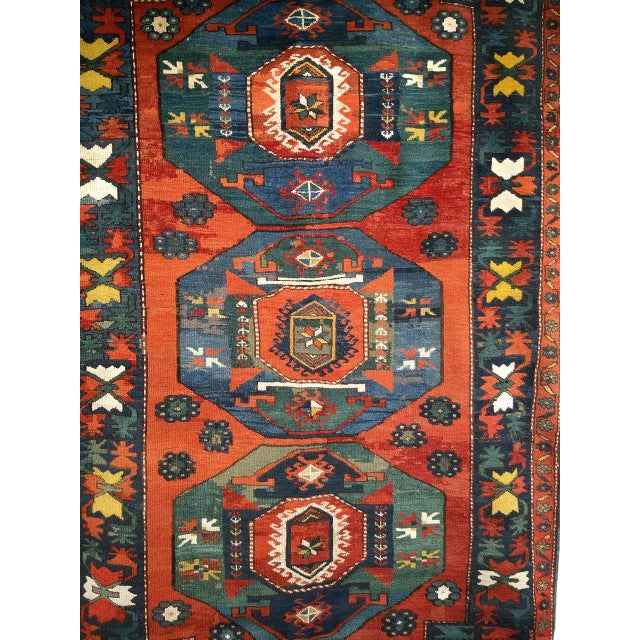 19th Century Antique Caucasian Kazak Rug, Hand-Knotted Wool Pile, Geometric Design, Red & Blue, 5' x 7' For Sale - Image 5 of 12