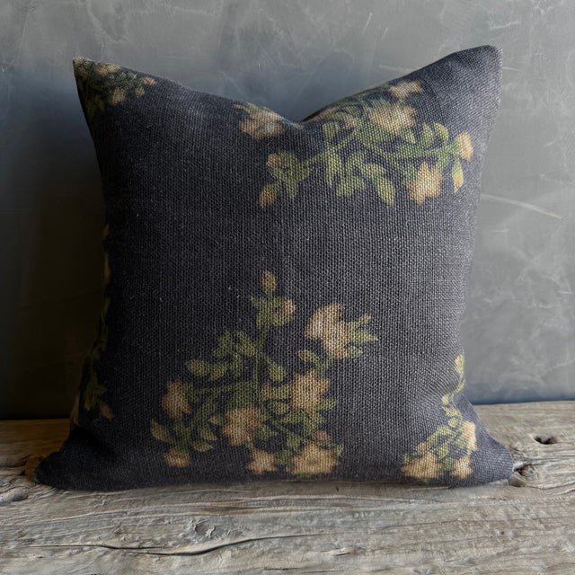 Black Wabi Sabi French Linen Roses Accent Pillow in Ocré For Sale - Image 8 of 10