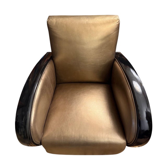 Art Deco 1930s Pair of French Art Deco Gold and Black Leather Club Chairs For Sale - Image 3 of 9