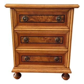 Vintage Burl Wood Veneer Inlaid Three-Drawer Chest With Bun Feet For Sale