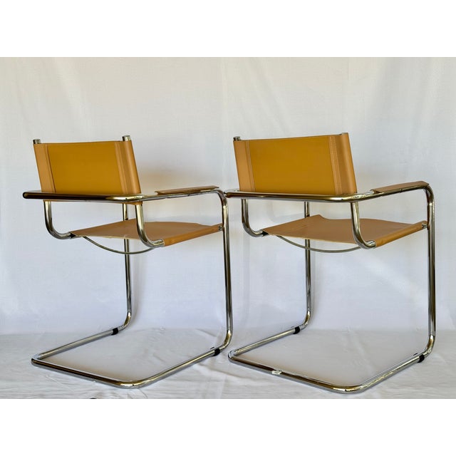 Mart Stam Mid Century Mart Stam Style Leather and Chrome Armchairs - A Pair For Sale - Image 4 of 17