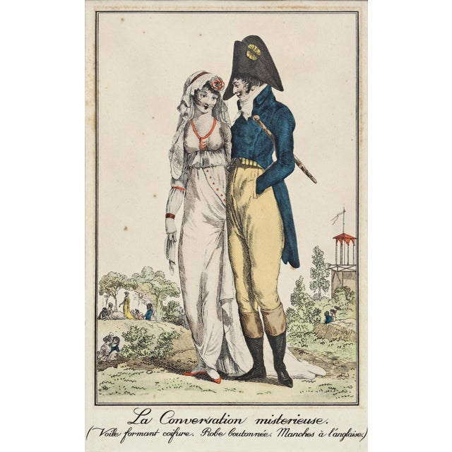French Pair Antique French Fashion Lithographs After Debucourt Directoire Style Framed Incroyable For Sale - Image 3 of 5