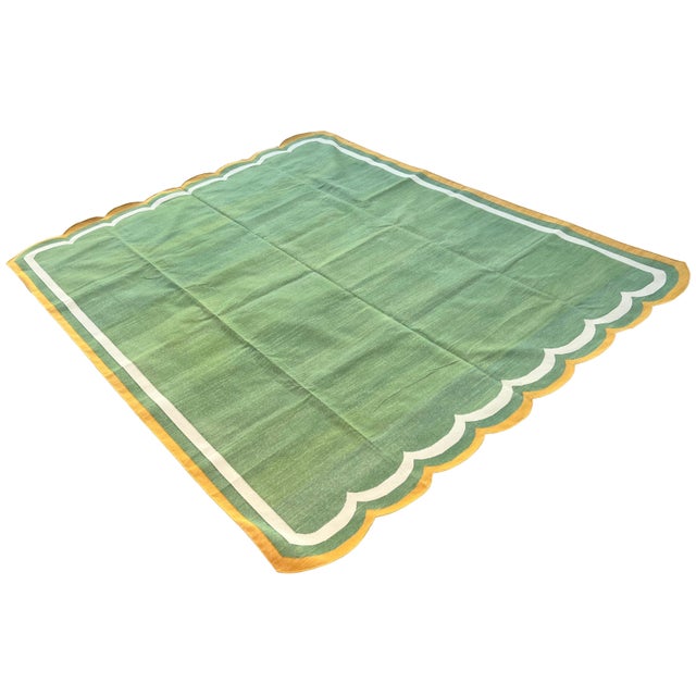 Handmade Cotton Area Scalloped Dhurrie, Moss Green, Cream and Mustard Border Rug-6'x9' For Sale - Image 10 of 13