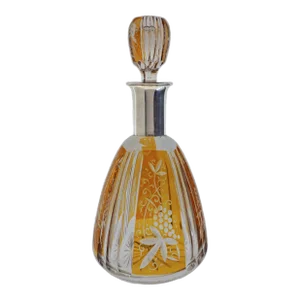 Antique Bohemian Amber Cut Crystal Decanter With Silver Neck Gebrüder Kühn Schwäbisch Gmünd Germany