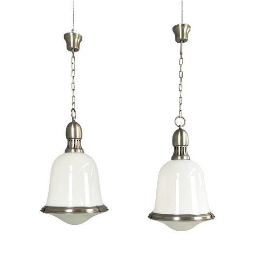 Mid-Century Italian Modern Hanging Lights in Opaline Glass and Metal, 1960s, Set of 2 For Sale