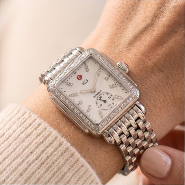 Michele by Fossil Deco 29mm Mww06v00a0046 Diamond Mop Dial Steel Quartz Watch For Sale - Image 10 of 10