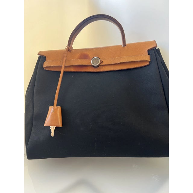 Black Hermes Herbag Pm Black and Brown Tiole Canvas With Leather Trim For Sale - Image 8 of 12