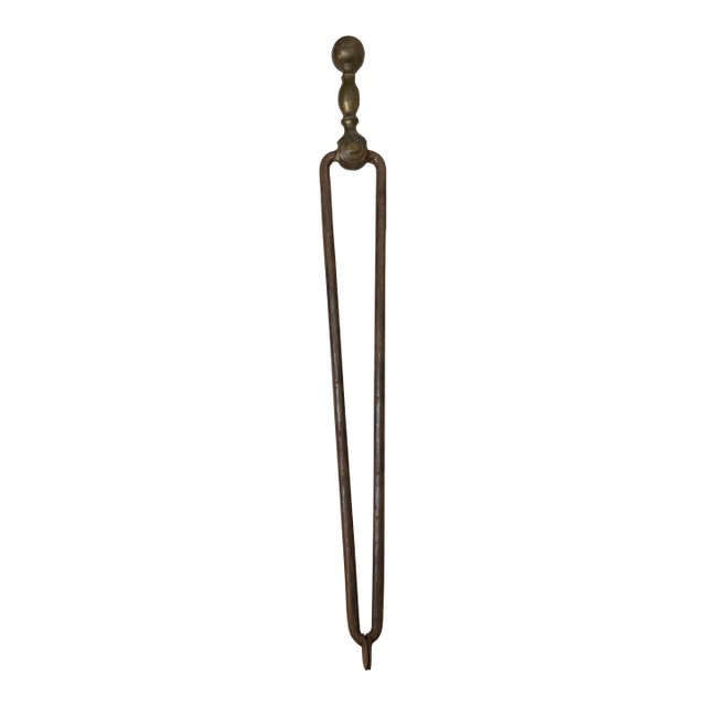 Antique 18th Century Wrought Iron Turned Brass English Fireplace Tongs Tool 21 For Sale
