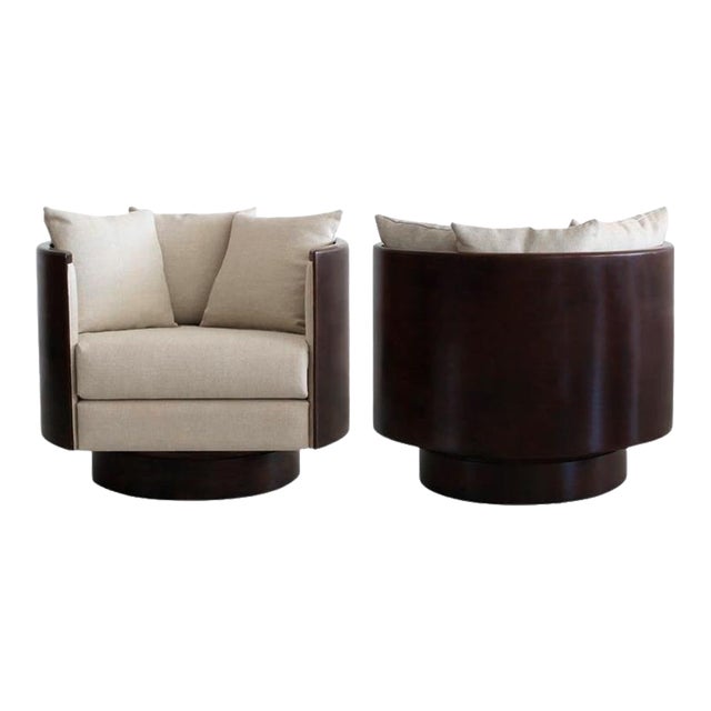 Milo Baughman Style Wood-Frame Barrel Back Swivel Chairs - A Pair For Sale