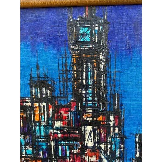 Oil on Canvas Citscape in shades of Blue. Painting is from the 1960's and in nice shape. Signed Man?