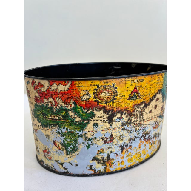 Red Vintage Metal World Map Cachepot Decorative Container For Sale - Image 8 of 10