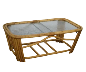 Mid-Century Rattan Glass Top Coffee Table