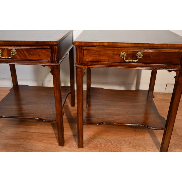 1930s Pair of English Regency Mahogany Green Leather Top Accent Side Tables For Sale - Image 4 of 18