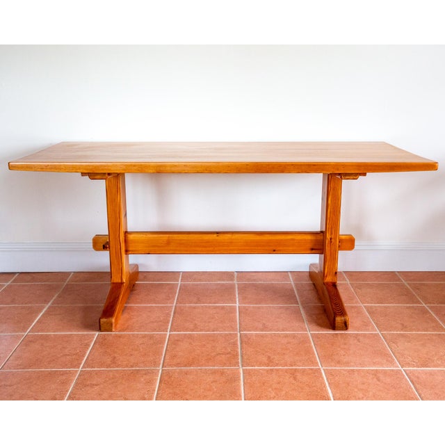 A gorgeous, extremely rare and super-stylish 1960s trestle refectory table by a top British Mid Century craftsman in...