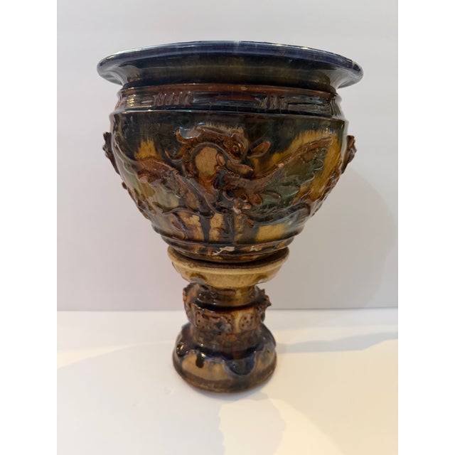 Late 20th Century Vintage Majolica Style Pedestal Jardinière Planter With Figural Relief For Sale - Image 5 of 11