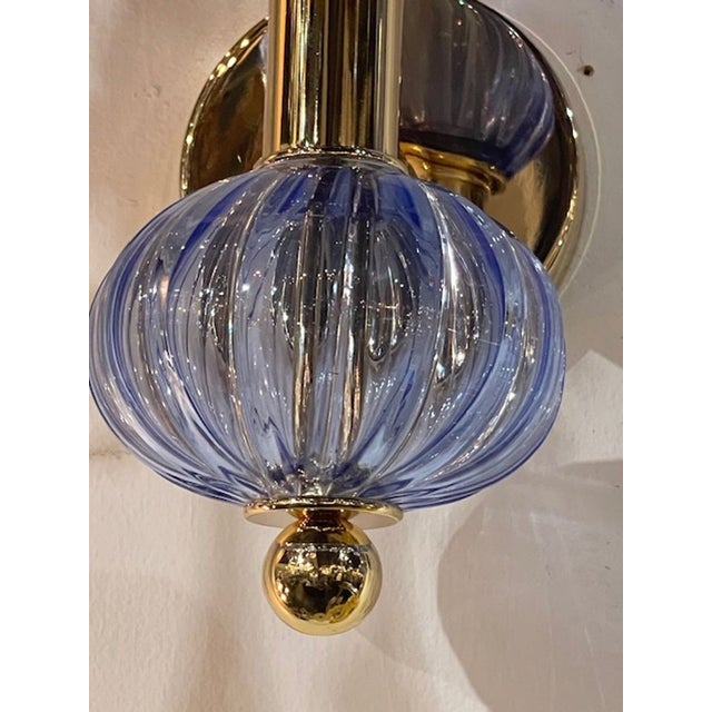 Early 21st Century Contemporary Murano Blue Glass and Brass Sconces - a Pair For Sale - Image 5 of 7