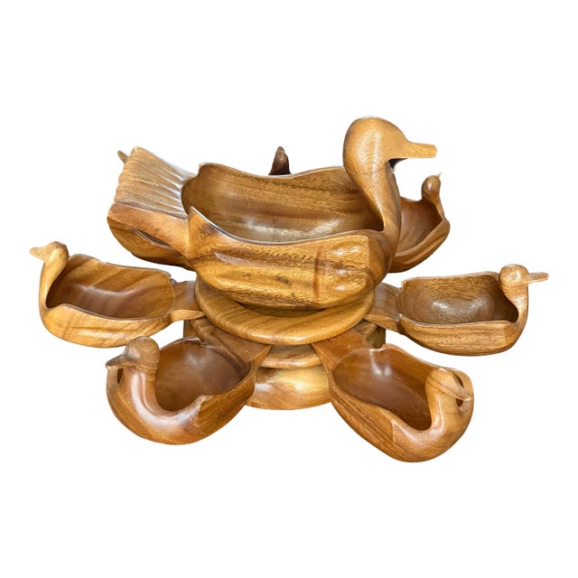 1970s Mid Century Monkeypod Lazy Susan Ducks- 9 Pieces For Sale