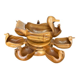 1970s Mid Century Monkeypod Lazy Susan Ducks- 9 Pieces